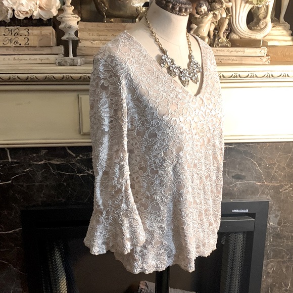 Brittany Black Tops - Brittany Black Lace crystals V-neck Blouse 3/4 Length Bell Sleeve Sheer Floral